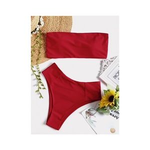 ZAFUL RED HIGH CUT WAISTED BANDEAU BIKINI SUIT